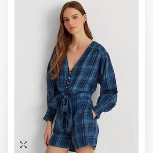 Lauren Ralph Lauren Women's Plaid Tissue Linen Romper Size 16 Blue Smocking